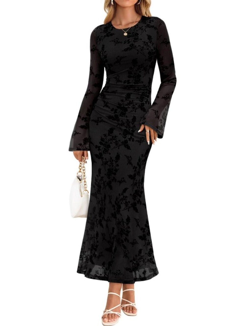 Floral Long Sleeve Bodycon Ruched Mesh Maxi Dress for Fall Events & Parties